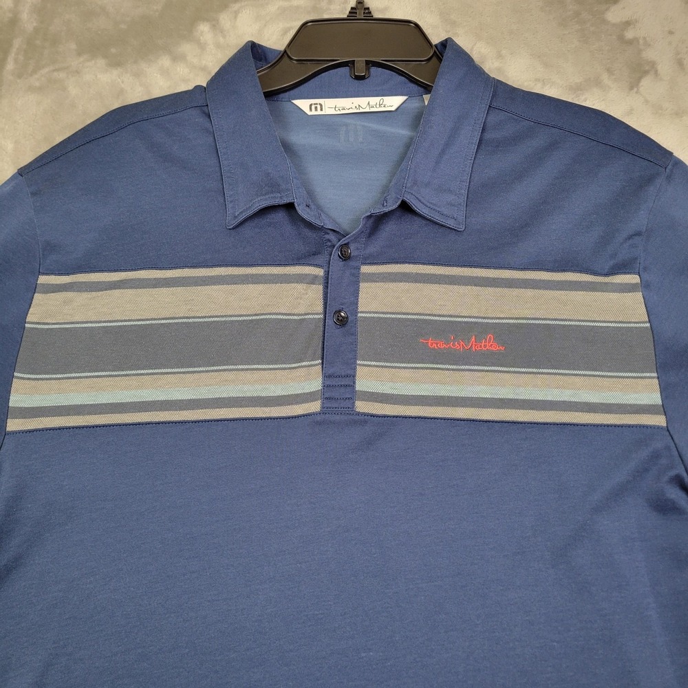 Travis Mathew Mens Polo Shirt  XL Coastal Chest Stripe Dark Blue Performance